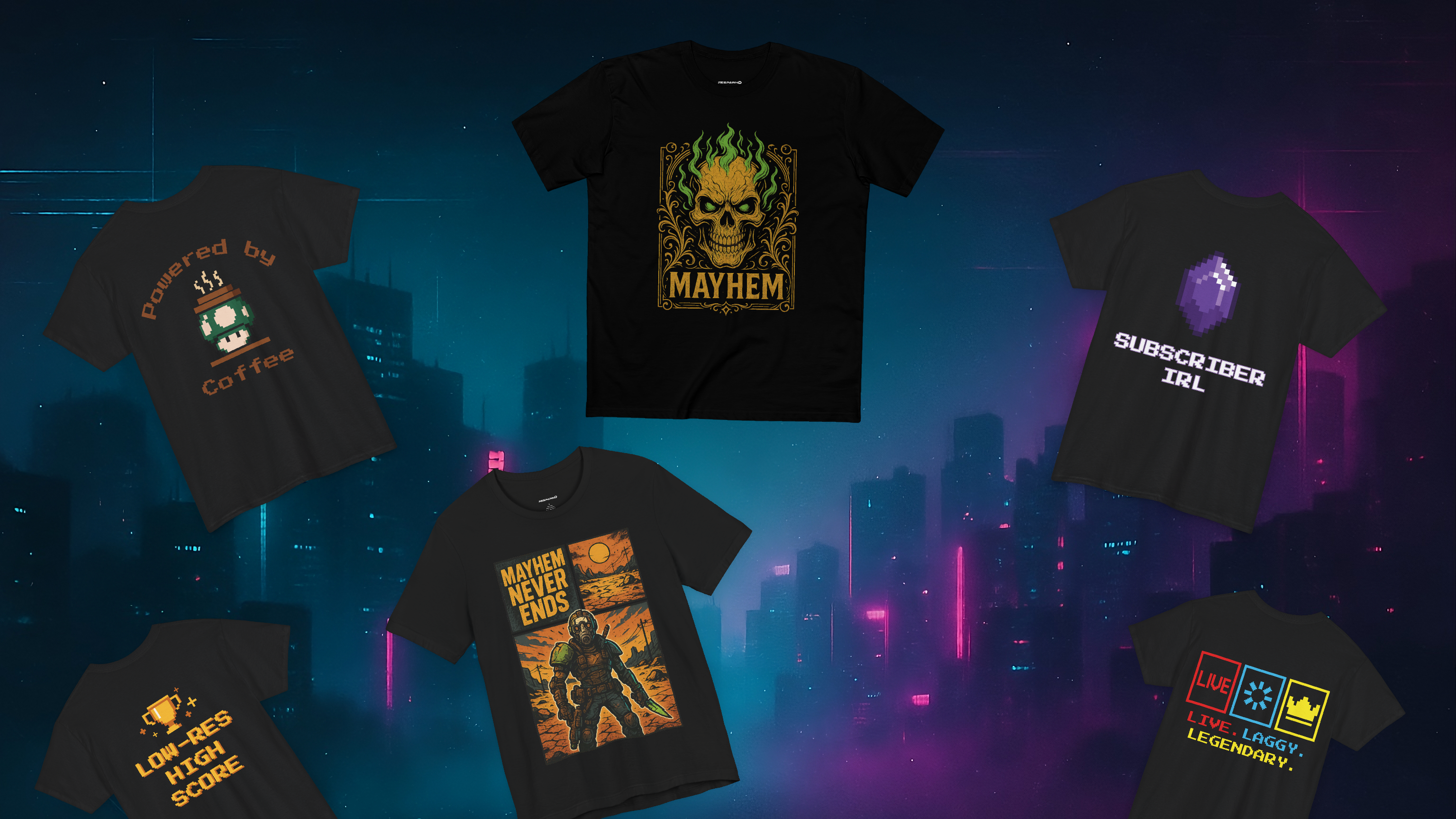 Collection of black t-shirts with various designs on a futuristic cityscape background